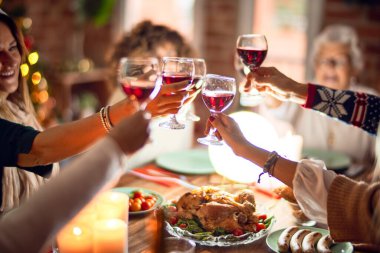 Mutlu ve kendinden emin gülümseyen güzel bir kadın grubu. Kızarmış hindi yemek ve bir bardak şarapla kadeh kaldırmak Noel 'i evde kutlamak.