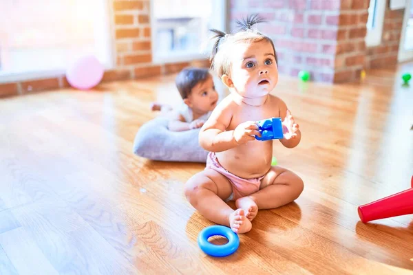 Beautiful Infant Happy Girls Playing Together Home Kindergarten Sitting Wooden — Stock Photo, Image