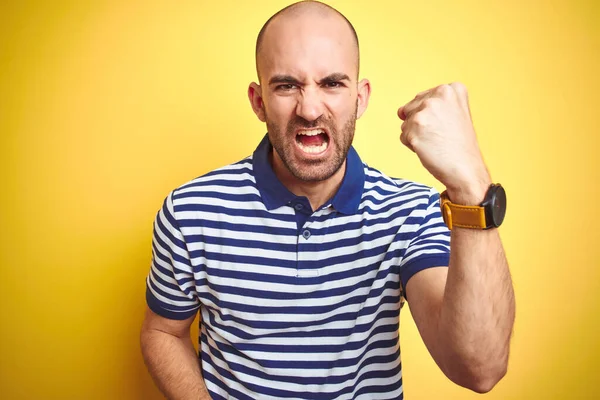 Young Bald Man Beard Wearing Casual Striped Blue Shirt Yellow — Stock Photo, Image