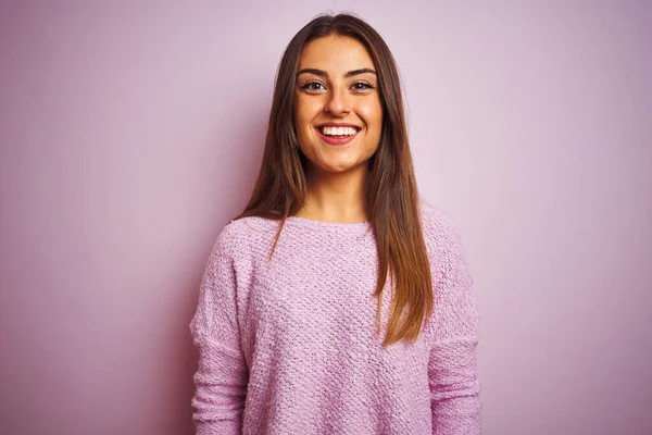 Young Beautiful Woman Wearing Casual Sweater Standing Isolated Pink Background — Stock Photo, Image