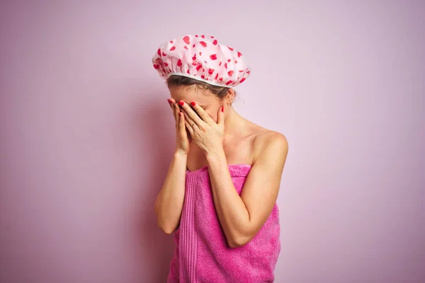 Young Beautiful Woman Wearing Towel Bath Hat Shower Pink Isolated — Stock Photo, Image