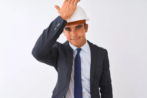 Young Handsome Architect Man Wearing Suit Helmet Isolated White Background — Stock Photo, Image