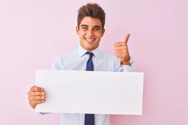 Young Handsome Businessman Holding Banner Standing Isolated Pink Background Happy — 스톡 사진