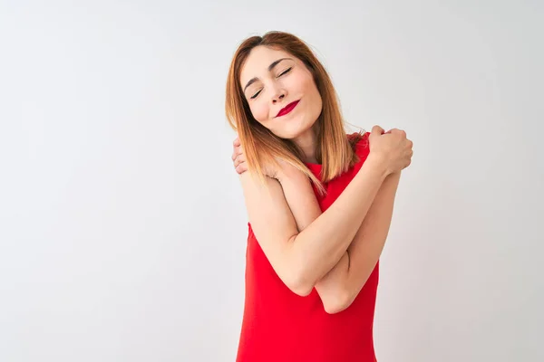 Redhead Businesswoman Wearing Elegant Red Dress Standing Isolated White Background — Stock Photo, Image