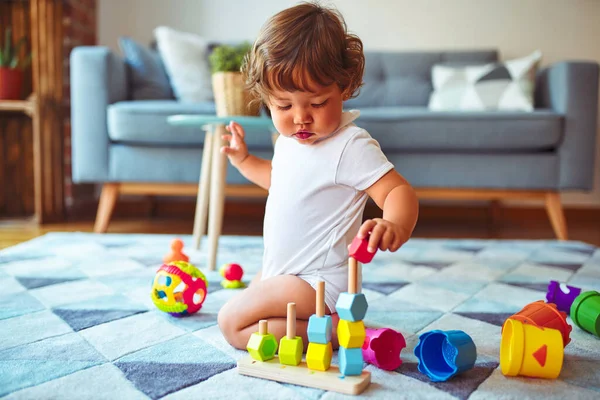 Beautiful Toddler Child Girl Playing Toys Carpet — Stock Photo, Image