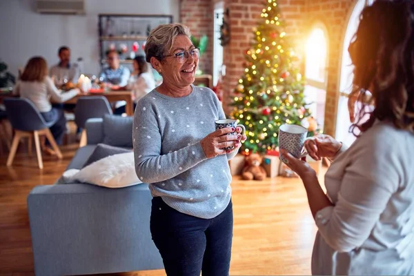 Family and friends dining at home celebrating christmas eve with traditional food and decoration, women talking together happy and casual