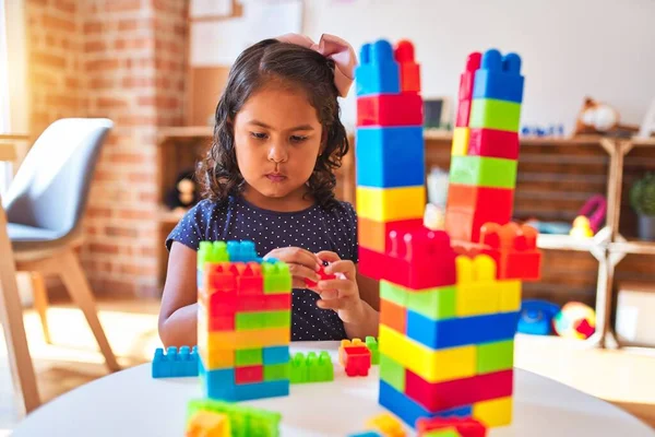 Beautiful Toddler Girl Playing Construction Blocks Kindergarten — Stock Photo, Image