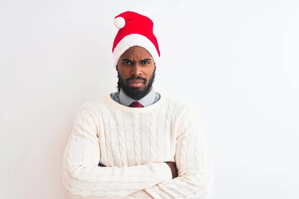 Молодой Африканский Американец Рождественской Шляпе Санты Изолированном Белом Фоне Скептик — стоковое фото