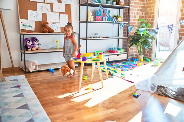 Young Beautiful Blonde Girl Kid Enjoying Play School Toys Kindergarten — Stockfoto