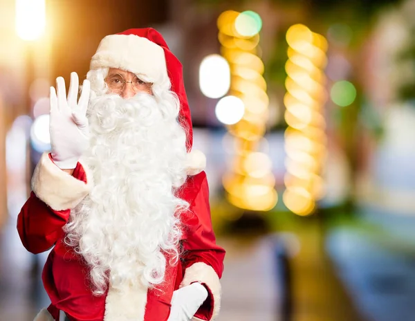 Středního Věku Pohledný Muž Kostýmu Santa Claus Vousy Stojící Ukazuje — Stock fotografie