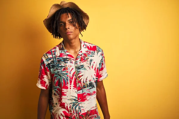 Afro American Man Dreadlocks Wearing Floral Shirt Hat Isolated Yellow — Stockfoto