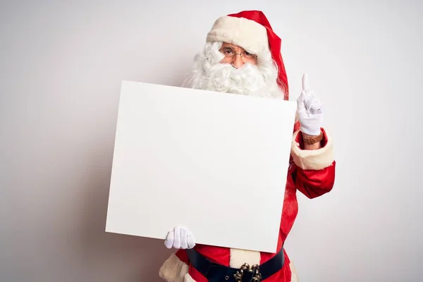 Middle Age Man Wearing Santa Claus Costume Holding Banner Isolated — Stock Photo, Image