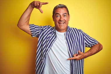 Sarı arka plan üzerinde duran çizgili tişört giyen yakışıklı orta yaşlı bir adam gülümsüyor ve elleri ve parmakları mutlu yüzlü bir çerçeve yapıyor. Yaratıcılık ve fotoğrafçılık kavramı.