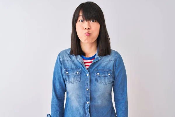 Young Beautiful Chinese Woman Wearing Denim Shirt Isolated White Background — Stock Photo, Image