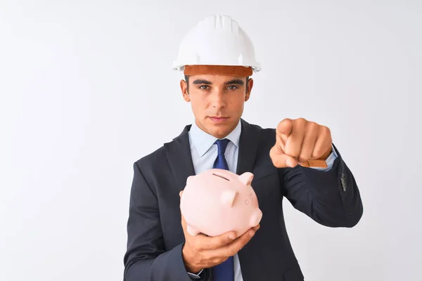 Handsome Architect Man Wearing Helmet Holding Piggy Bank Isolated White — Stock Photo, Image