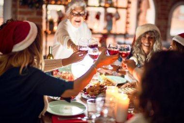 Mutlu ve kendinden emin gülümseyen güzel bir kadın grubu. Kızarmış hindi yemek ve bir bardak şarapla kadeh kaldırmak Noel 'i evde kutlamak.