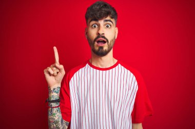 İzole edilmiş kırmızı arka planda duran çizgili tişörtlü genç adam başarılı bir fikir olduğunu işaret ediyor. Heyecanlı ve mutlu. Bir numara..