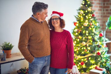 Mutlu ve kendinden emin gülümseyen orta yaşlı güzel bir çift. Yüzünde tebessümle evde Noel ağacının etrafında dikilip sarılıyorum.