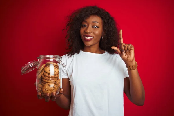 Jeune Femme Afro Américaine Tenant Pot Biscuits Sur Fond Rouge — Photo