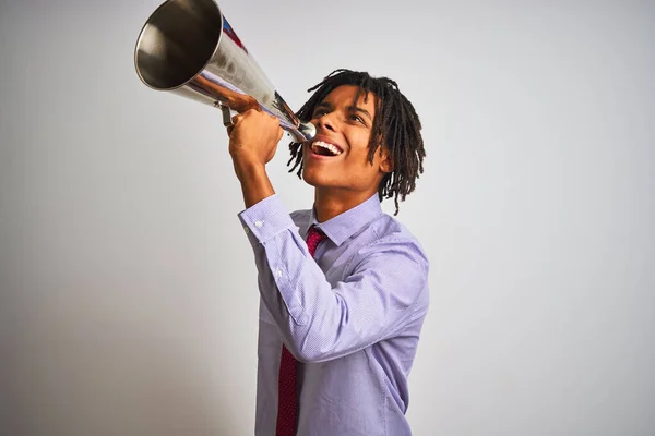 Νέος Αφρικανός Αμερικανός Επιχειρηματίας Ουρλιάζοντας Χρησιμοποιώντας Vintage Μεγάφωνο — Φωτογραφία Αρχείου