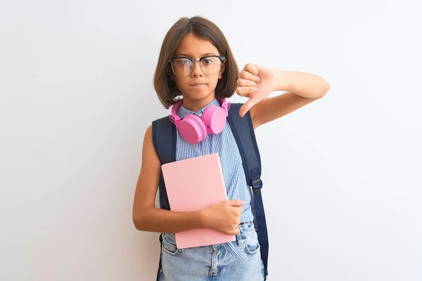 Student Child Girl Wearing Backpack Glasses Book Headphones Isolated White — Stock Photo, Image