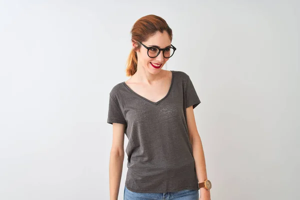 Redhead Woman Wearing Casual Shirt Glasses Standing Isolated White Background — Stock Photo, Image