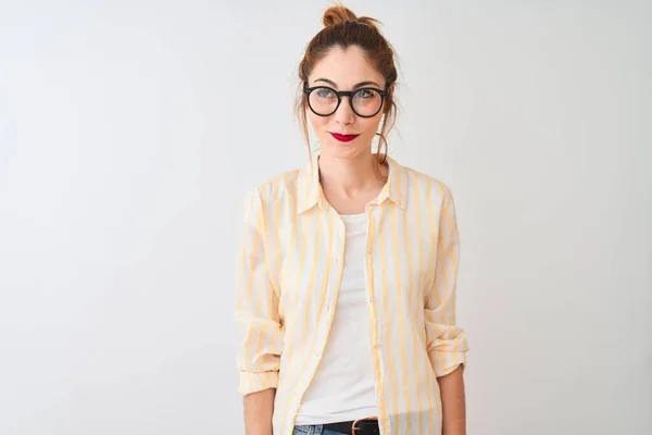 Redhead Woman Wearing Striped Shirt Glasses Standing Isolated White Background — Stock Photo, Image