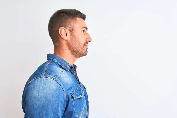 Young Handsome Man Wearing Denim Jacket Standing Isolated Background Looking — ストック写真