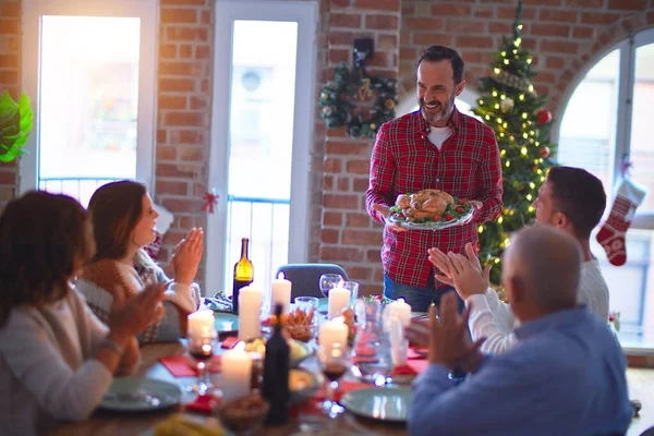 Beautiful Family Smiling Happy Confident Showing Roasted Turkey Applauding Celebrating — Stock Photo, Image