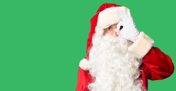 Homem Bonito Meia Idade Vestindo Traje Papai Noel Barba Fazendo — Fotografia de Stock