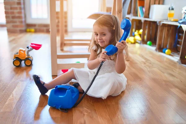 Adorable Blonde Toddler Playing Vintage Phone Sitting Floor Lots Toys — Stock Photo, Image
