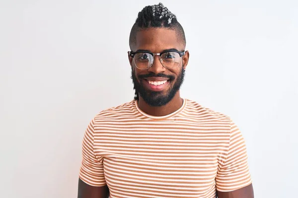 Homem Afro Americano Vestindo Camiseta Listrada Óculos Sobre Fundo Branco — Fotografia de Stock