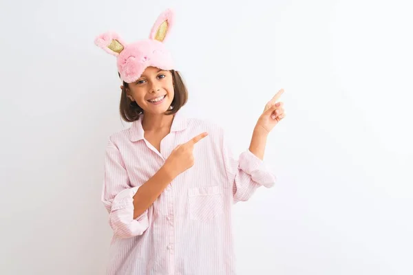 Beautiful Child Girl Wearing Sleep Mask Pajama Standing Isolated White — Stock Photo, Image