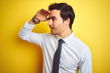 Zarif gömlek ve kravat takan genç yakışıklı işadamı izole edilmiş sarı arka planda çok mutlu ve tebessüm ediyor. Konsept aranıyor.