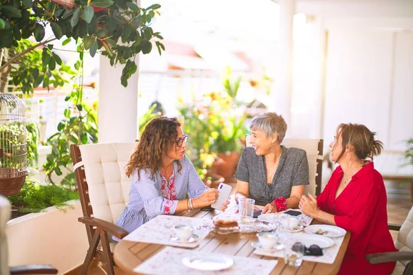 Bijeenkomst Van Middelbare Leeftijd Vrouwen Die Lunchen Koffie Drinken Volwassen — Stockfoto