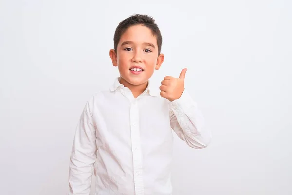 Красивый Мальчик Элегантной Рубашке Стоящей Изолированном Белом Фоне Делая Счастливый — стоковое фото