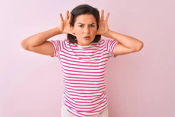 Young Beautiful Woman Wearing Striped Shirt Standing Isolated Pink Background — 图库照片