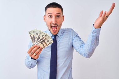 Genç yakışıklı iş adamı, izole edilmiş arka planda bir sürü dolar tutuyor. Çok mutlu ve heyecanlı, kazanan yüz ifadesi zaferi büyük bir gülümsemeyle kutluyor ve ellerini kaldırıyor.