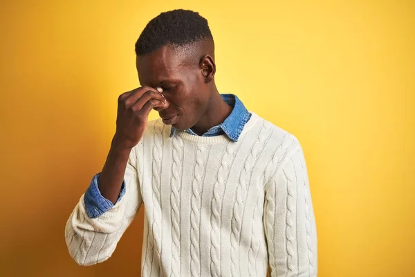 African American Man Wearing Denim Shirt White Sweater Isolated Yellow — Stock Photo, Image