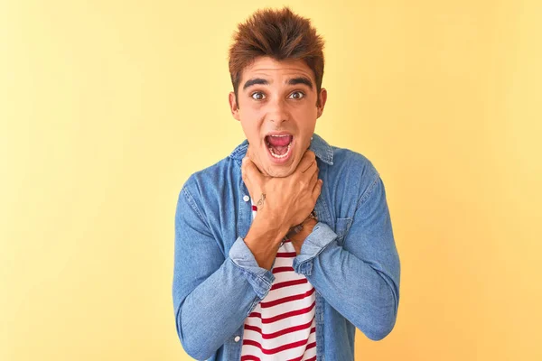 Young Handsome Man Wearing Striped Shirt Denim Shirt Isolated Yellow — Stock Photo, Image