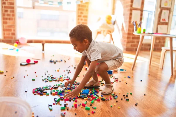 Beautiful African American Toddler Playing Small Building Blocks Kindergarten — Stock Photo, Image