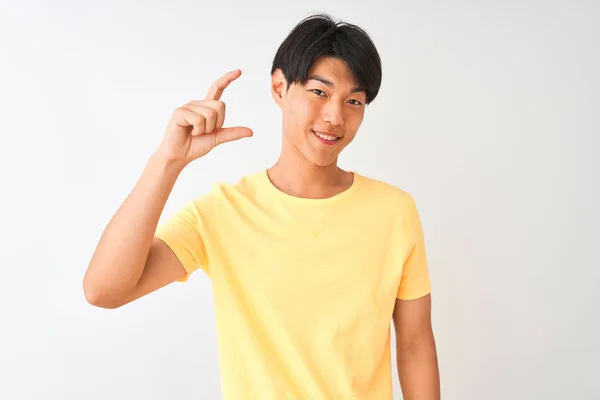 Chinese Man Wearing Yellow Casual Shirt Standing Isolated White Background — Stock Photo, Image