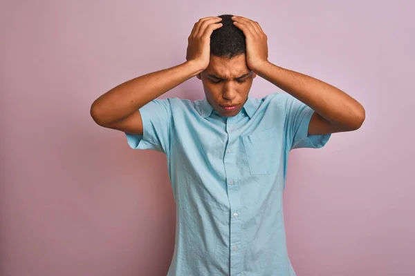 Young Handsome Arab Man Wearing Blue Shirt Standing Isolated Pink — Stock Photo, Image