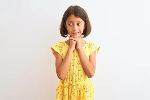 Jong Mooi Kind Meisje Dragen Geel Bloemen Jurk Staande Geïsoleerde — Stockfoto