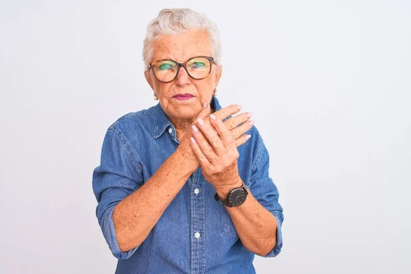 Senior Grey Haired Woman Wearing Denim Shirt Glasses Isolated White — Stock Photo, Image