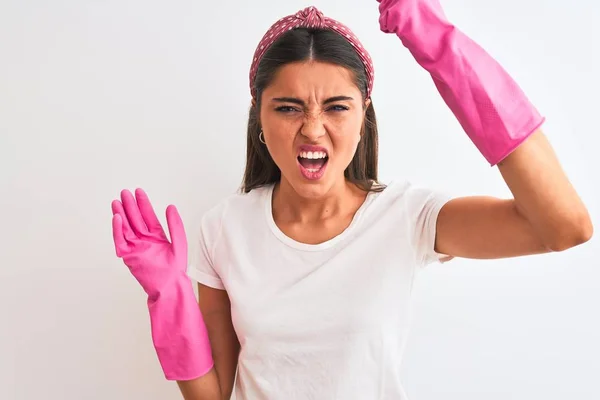 Jonge Mooie Vrouw Dragen Schone Handschoenen Staan Geïsoleerde Witte Achtergrond — Stockfoto