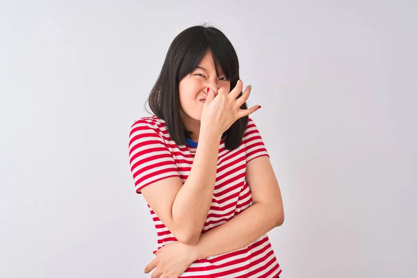 Young Beautiful Chinese Woman Wearing Red Striped Shirt Isolated White — Stock Photo, Image