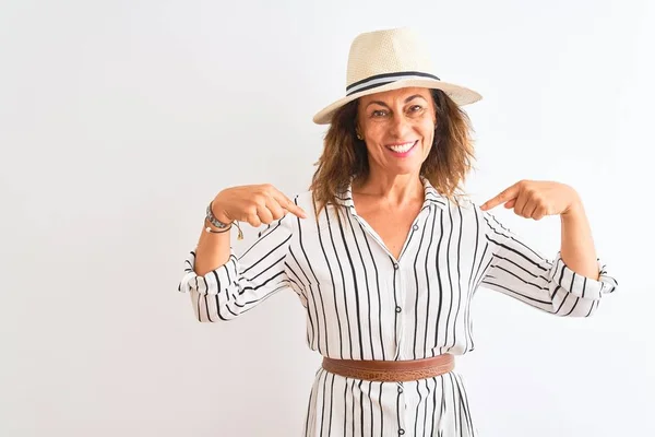 Middle Age Businesswoman Wearing Striped Dress Hat Isolated White Background — Stock Photo, Image