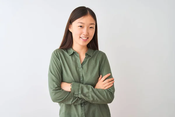 Young Chinese Woman Wearing Casual Green Shirt Standing Isolated White — ストック写真