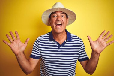 Çizgili polo giyen yakışıklı, sarı arka planda şapkalı çılgın ve başarıyı kutlayan kolları havada ve gözleri açık, heyecanlı bir şekilde haykıran yakışıklı bir adam. Kazanan konsept